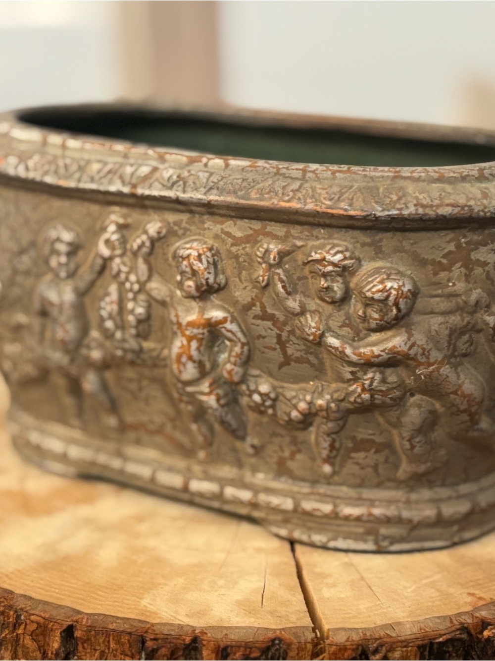 Ornate Cherub Relief Sculpture Planter in Antique Gold